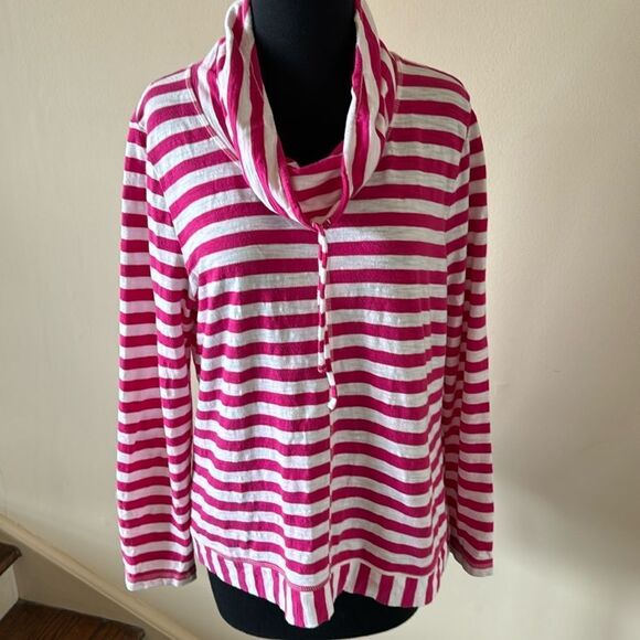 Chico’s Zenergy pink/white striped mixed drawstring cowl cotton top Size 1(8/10) - Picture 4 of 7